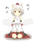  1girl animal_ears bare_shoulders blush breasts detached_sleeves hat inubashiri_momiji looking_at_viewer pom_pom_(clothes) red_eyes short_hair silver_hair simple_background sitting smile solo tail tail_wagging tokin_hat touhou white_background wolf_ears wolf_tail 