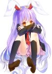  1girl amber_eyes animal_ears crossed_arms highres jacket long_hair looking_at_viewer mouth_hold purple_hair rabbit_ears reisen_udongein_inaba shirt sitting skirt solo suzuka_sario touhou very_long_hair 
