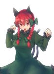  1girl :p animal_ears bow braid cat_ears cat_tail dress hair_bow kaenbyou_rin long_hair looking_at_viewer masa_(neku) multiple_tails red_eyes redhead simple_background solo tail tongue tongue_out touhou twin_braids white_background 