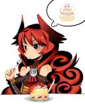  1girl :t birthday_cake blush borrowed_character cake demon_girl demon_horns eating elbow_gloves flat_chest food fork gloves horns long_hair maou_beluzel ofly_(pixiv) original red_eyes redhead solo thought_bubble yuusha_to_maou 