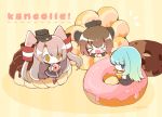  &gt;_&lt; 3girls :d amatsukaze_(kantai_collection) blue_hair blush brown_hair chibi doughnut eating hatsukaze_(kantai_collection) kantai_collection multiple_girls open_mouth school_uniform serafuku silver_hair smile twintails yukikaze_(kantai_collection) 