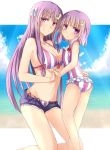  2girls asymmetrical_docking beach bikini blue_sky bracelet breast_press breasts child cleavage clouds collarbone crescent_hair_ornament dual_persona hair_ornament holding_hands interlocked_fingers jewelry kneeling large_breasts long_hair looking_at_viewer multiple_girls navel necklace older open_fly patchouli_knowledge purple_bikini purple_hair ram_hachimin short_hair short_shorts shorts sky smile standing striped striped_legwear striped_swimsuit swimsuit touhou under_boob unzipped very_long_hair violet_eyes young 