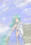 1girl architecture blue_sky broom clouds detached_sleeves east_asian_architecture frog_hair_ornament green_eyes green_hair hair_ornament hair_tubes kochiya_sanae long_hair long_skirt looking_at_viewer masuchi shrine skirt skirt_set sky smile snake_hair_ornament solo touhou wind