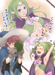  1boy 1girl armpits bow breasts cape circlet cleavage closed_eyes fire_emblem fire_emblem:_kakusei gloves green_hair hat imagining jewelry large_breasts long_hair looking_at_viewer mamoru_(pixiv) nowi_(fire_emblem) older open_mouth pendant pointy_ears ponytail richt_(fire_emblem) smile sweatdrop violet_eyes witch_hat 