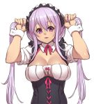  1girl blush breasts cleavage horns houtengeki large_breasts long_hair maid maid_headdress original purple_hair simple_background smile solo twintails violet_eyes white_background wrist_cuffs 