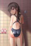  1girl brown_hair competition_swimsuit from_behind highres long_hair one-piece_swimsuit original red_eyes shower_head swimsuit takuya_kame wet 