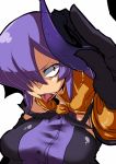  1girl borrowed_character breasts demon_girl demon_horns elbow_gloves gloves hair_over_one_eye horns kamen_no_hito large_breasts long_hair nise_maou_kanizeru original purple_hair sharp_teeth solo tongue tongue_out violet_eyes yuusha_to_maou 