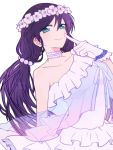  1girl aqua_eyes arm_at_side azsw bare_shoulders collarbone dress finger_to_mouth flower frilled_skirt frills gloves hair_ornament head_wreath light_smile long_hair looking_at_viewer love_live!_school_idol_project off_shoulder purple_hair skirt solo toujou_nozomi twintails white_dress white_gloves 