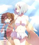  2girls ball beachball bikini blush breast_envy breasts brown_eyes closed_eyes hair_ornament hairclip hamakaze_(kantai_collection) kantai_collection multiple_girls one-piece_swimsuit open_mouth personification ryuujou_(kantai_collection) short_hair sunlight swimsuit twintails white_hair yukichi_(eikichi) 