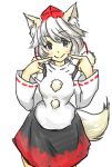  1girl animal_ears bare_shoulders black_eyes blush breasts detached_sleeves hat highres inubashiri_momiji pom_pom_(clothes) shinomiya_naka short_hair silver_hair simple_background smile solo tail tokin_hat touhou white_background wolf_ears wolf_tail 