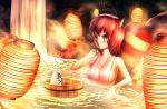  1girl animal_ears basket brown_eyes brown_hair choko_(cup) covering covering_breasts futatsuiwa_mamizou glasses lantern looking_at_viewer onsen paper_lantern partially_submerged raccoon_ears raccoon_tail rimless_glasses short_hair smile solo tail tanikawa tokkuri topless touhou towel towel_around_neck towel_on_head water waterfall 