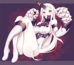  1girl :o albino blush boots breasts claws detached_sleeves dress horn kantai_collection long_hair long_sleeves personification red_eyes seaport_hime sideboob solo sweater_dress white_dress white_hair white_skin zekamasi7 