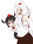  2girls animal_ears bare_shoulders black_hair black_wings blush breast_envy breasts detached_sleeves empty_eyes fang hanging_breasts hat inubashiri_momiji kokutei_n multiple_girls open_mouth pom_pom_(clothes) red_eyes shaded_face shameimaru_aya short_hair silver_hair simple_background tail tokin_hat touhou white_background wings wolf_ears wolf_tail 