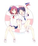  2girls :d black_hair blush bow character_name closed_eyes crown flag full_body hair_bow hands_together hat heart holding innertube loafers love_live!_school_idol_project multiple_girls neckerchief nishikino_maki open_mouth ousaka_nozomi redhead sailor_collar sailor_hat shirt shoes short_hair short_sleeves short_twintails shorts simple_background sitting smile twintails violet_eyes white_background yazawa_nico 