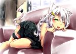  1girl ;d animal_ears bare_shoulders cat_ears cat_tail couch green_eyes hair_ornament hairclip leg_garter long_hair looking_at_viewer one_eye_closed open_mouth original pack_er_5 silver_hair smile solo tail wink 