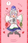  ! 1girl :d blue_eyes frilled_skirt frills hat heart heart_in_mouth kuroshiroduet mononobe_no_futo open_mouth outstretched_arms ponytail ribbon-trimmed_sleeves ribbon_trim silver_hair skirt smile spoken_exclamation_mark spread_arms tate_eboshi thigh-highs touhou wide_sleeves 