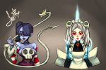  2girls apron aundre_thompson bare_shoulders bloody_marie_(skullgirls) blue_hair blue_skin breasts detached_sleeves glowing glowing_eyes hair_ornament hair_over_one_eye leviathan_(skullgirls) lips maid_apron maid_headdress multiple_girls red_eyes ribs sideboob sienna_contiello signature skull_hair_ornament skullgirls stitched_mouth twintails white_hair yellow_eyes zombie 