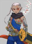  1girl ahoge armor bracer braid dark_skin facial_tattoo hand_on_hilt huge_ahoge huge_weapon impa pointy_ears red_eyes sarashi shaingtao side_braid solo tattoo the_legend_of_zelda weapon zelda_musou 