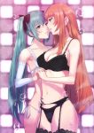  2girls aqua_eyes aqua_hair blue_eyes breasts bubble cleavage din_(raiden) garter_belt hatsune_miku holding_hands long_hair megurine_luka multiple_girls navel redhead thigh-highs very_long_hair vocaloid 