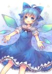  1girl ahoge blue_dress blue_hair bow cirno dress hair_bow ice ice_wings open_mouth outstretched_arms pjrmhm_coa puffy_short_sleeves puffy_sleeves shirt short_sleeves smile solo touhou wings 