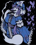  1girl blue_dress blue_eyes breasts butterfly cherry_blossoms covered_mouth dress fan frilled_dress frills ghost hat large_breasts long_sleeves looking_at_viewer macaroni_and_cheese mob_cap purple_hair ribbon saigyouji_yuyuko solo t-shirt_material torn_clothes touhou 