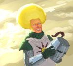  1boy afro armor blonde_hair blue_eyes dark_souls gloves headwear_removed helmet helmet_removed male parted_lips sideburns smile solaire_of_astora solo souls_(from_software) vince_price 