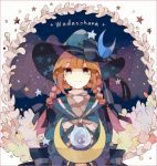  1girl bangs blue_eyes blunt_bangs bow braid brown_hair character_name crescent_moon crying crying_with_eyes_open hat hat_bow kurie long_hair moon oounabara_to_wadanohara sailor_collar sailor_dress smile solo tears turtleneck twin_braids wadanohara wand witch_hat 