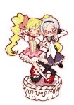  2girls akemi_homura akemi_homura_(cosplay) argyle argyle_legwear black_legwear blonde_hair bow bubble_skirt cake choker color_connection cosplay cure_peach eas food fresh_precure! frills glasses gloves hair_bow hairband heart heart-shaped_pupils higashi_setsuna kaname_madoka kaname_madoka_(cosplay) kneehighs long_hair magical_girl mahou_shoujo_madoka_magica mary_janes mikunido202 momozono_love multiple_girls pantyhose pink_eyes precure purple_skirt red-framed_glasses shoes short_hair skirt smile symbol-shaped_pupils twintails v white_background white_gloves white_hair white_legwear white_skirt 