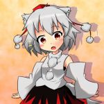  /\/\/\ 1girl animal_ears bare_shoulders blush breasts detached_sleeves fang hat inubashiri_momiji looking_at_viewer pom_pom_(clothes) red_eyes shirt short_hair silver_hair skirt solo syachi tail tokin_hat touhou wolf_ears wolf_tail 
