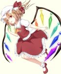  1girl ascot blonde_hair blush bobby_socks flandre_scarlet hat mary_janes mkt open_mouth red_eyes shoes short_hair side_ponytail smile socks solo touhou wings 