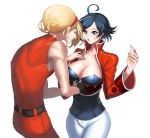  1boy 1girl ahoge ash_crimson black_hair blonde_hair breasts cleavage elisabeth_blanctorche king_of_fighters large_breasts muse_(rainforest) short_hair simple_background sweatdrop white_hair wide_hips 