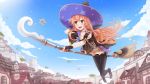  1girl atelier_(series) atelier_ayesha black_legwear blush broom broom_riding brown_eyes flying hat highres long_hair pantyhose pink_hair smile solo sunimu wilbell_voll=erslied witch_hat 