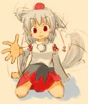  1girl :3 animal_ears bare_shoulders barefoot blush breasts detached_sleeves hat inubashiri_momiji looking_at_viewer pom_pom_(clothes) red_eyes shirt short_hair silver_hair sitting skirt smile solo tail tail_wagging tokin_hat touhou wolf_ears wolf_tail 