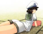  1girl ass black_hair blue_eyes cushion hat looking_at_viewer looking_back lying murasa_minamitsu on_stomach pants puffy_sleeves sailor_hat shirt short_hair short_sleeves simple_background solo touhou urin vest 