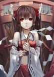  1girl :&lt; ascot bow brown_hair collarbone detached_sleeves gohei hair_bow hair_tubes hakurei_reimu highres long_hair looking_up midriff rayxray red_eyes ribbon-trimmed_sleeves ribbon_trim solo touhou very_long_hair 