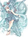  1girl bare_shoulders beatmania beatmania_iidx bemani blue_hair chain dragon dress hair_ornament jubeat kawachi_(hina) leash long_hair looking_at_viewer maud open_mouth red_eyes sleeveless sleeveless_dress solo twintails 