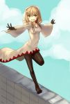  1girl black_gloves black_legwear blonde_hair brown_eyes drawfag final_fantasy final_fantasy_tactics gloves highres hood long_hair no_shoes outstretched_arms pantyhose robe running small_breasts smile solo wall white_mage white_mage_(fft) 