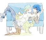  aqua_hair arisato_minato blanket blue_hair braid casual couch couple eye_contact kneeling looking_at_another lying pantyhose persona persona_3 persona_4:_the_ultimate_in_mayonaka_arena sutei_(giru) yamagishi_fuuka yuuki_makoto 