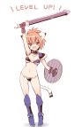  1girl :d animal_ears arm_up armor bikini bikini_armor breasts cat_ears cat_tail cleavage fang gloves greaves highres jewelry looking_at_viewer navel necklace oota_yuuichi open_mouth orange_hair original ponytail red_eyes shield short_hair simple_background smile solo spaulders swimsuit sword tail weapon white_background 