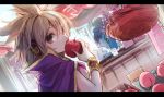  1girl apple bangle bracelet brown_hair cape earmuffs eating food fruit grapes jewelry letterboxed looking_at_viewer looking_back makuwauri market peach short_hair sleeveless solo touhou toyosatomimi_no_miko 