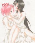  2girls akemi_homura black_hair blush closed_eyes forehead_kiss hairband hand_on_another&#039;s_cheek hand_on_another&#039;s_face hand_on_another&#039;s_head highres incipient_kiss kaname_madoka kiss long_hair mahou_shoujo_madoka_magica multiple_girls no_mouth pink_hair short_hair short_twintails simple_background twintails white_background yuri 