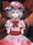  1girl ascot bat_wings black_background blood bloody_clothes bloody_hands blue_hair brooch colored_eyelashes grin hands_on_own_chest hat hat_ribbon highres jewelry johnalay lips looking_at_viewer mob_cap oil_painting_(medium) puffy_short_sleeves puffy_sleeves red_eyes remilia_scarlet ribbon sash short_hair short_sleeves skirt skirt_set smile solo touhou traditional_media wings wrist_cuffs 