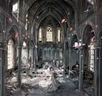  1girl bare_shoulders black_eyes black_hair blurry blush bouquet church dress faux_traditional_media flower highres indoors looking_at_viewer original outstretched_arms petals ruins short_hair sigmasmail smile solo stained_glass sunlight veil wedding_dress window 
