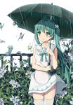  1girl butterfly flower green_eyes green_hair hatsune_miku long_hair rain sailor_dress solo soulkiller thigh-highs twintails umbrella very_long_hair vocaloid white_background white_legwear 