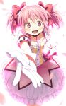  1girl 4b-enpitsu :d blush bow bubble_skirt cherry_blossoms choker gloves hair_bow kaname_madoka looking_at_viewer magical_girl mahou_shoujo_madoka_magica open_mouth outstretched_arm petals pink_eyes pink_hair short_hair short_twintails simple_background smile solo twintails white_background white_gloves 