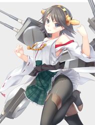  bare_shoulders black_legwear breasts brown_hair cannon detached_sleeves grey_eyes hair_ornament hairband headgear hiei_(kantai_collection) high_heels highres japanese_clothes kantai_collection nontraditional_miko panties panties_under_pantyhose pantyhose personification plaid short_hair skirt smile turret underwear white_panties zi_se 