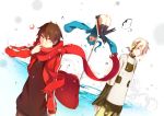  absurdres blue_hair brown_hair bubble ene_(kagerou_project) headphones highres kagerou_project kisaragi_shintarou konoha_(kagerou_project) long_hair pachi_(sugiyama0306) red_eyes road_sign scarf short_hair short_ponytail sign twintails white_hair 