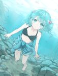  1girl bikini bikini_top black_bikini blue_eyes blue_hair bubble clothes_around_waist collarbone fish hair_bobbles hair_ornament honotai kawashiro_nitori looking_at_viewer shirt_around_waist shorts solo swimsuit touhou twintails underwater 