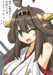 1girl ahoge brown_eyes brown_hair detached_sleeves double_bun gomasamune hair_bun hair_ornament hairband heart kantai_collection kongou_(kantai_collection) nontraditional_miko one_eye_closed open_mouth simple_background smile solo sunken_cheeks tagme translation_request white_background wink 