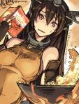  1girl bare_shoulders brown_hair character_name cooking elbow_gloves fingerless_gloves gloves headgear highres kantai_collection long_hair nagato_(kantai_collection) personification puka_puka red_eyes solo super_zombie twitter_username 